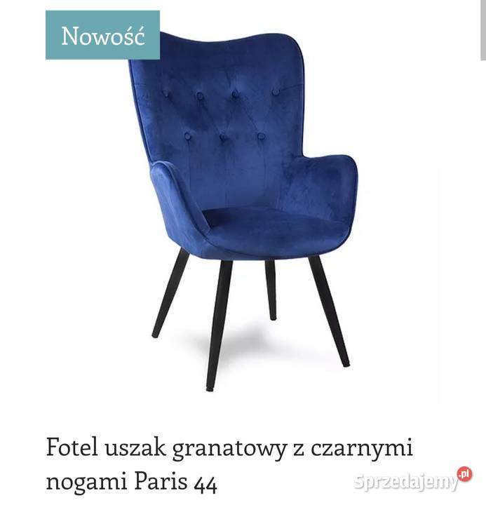 Fotel uszak granatowy weluru z czarnymi nogami