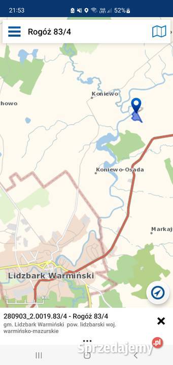 działka rolna z linią brzegową rzeki Łyny