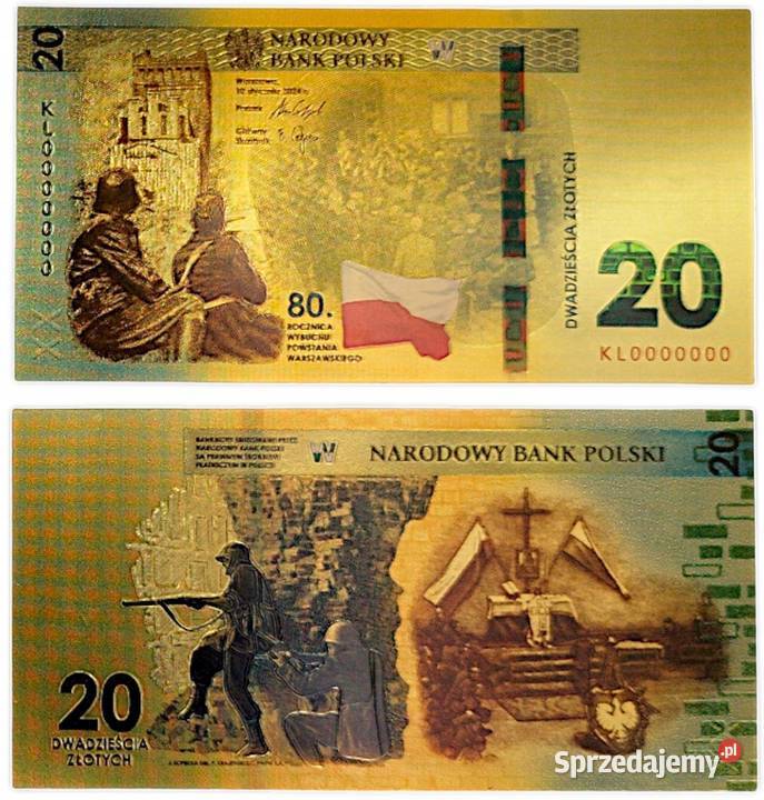 POWSTANIE WARSZAWSKIE Pozłacany Banknot 20 złoty