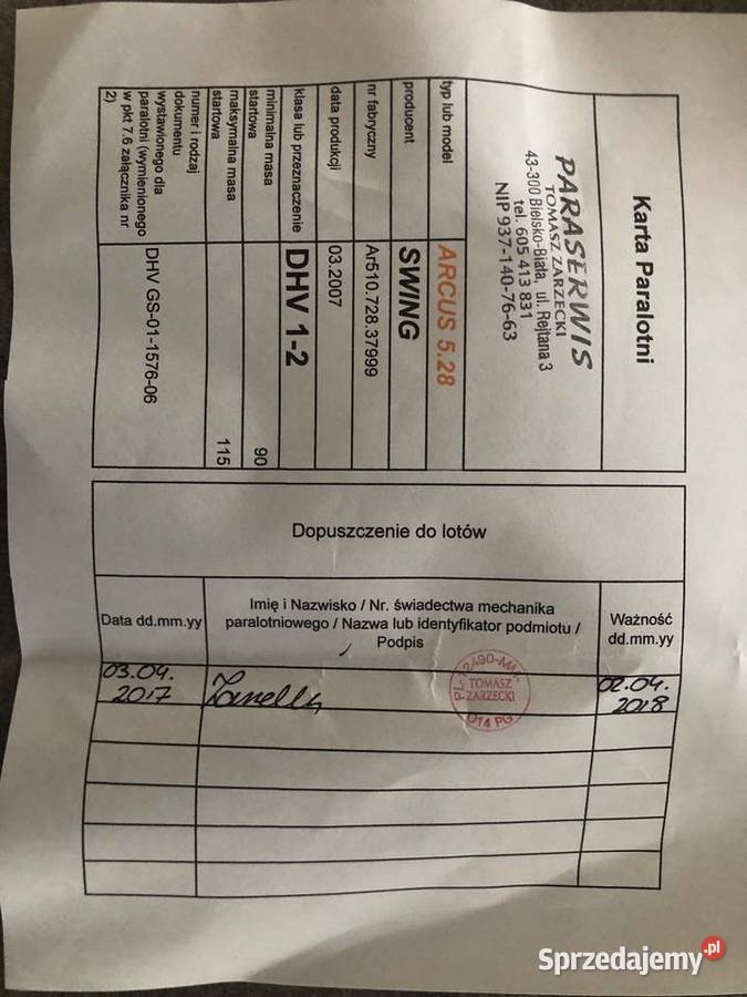 Paralotnia Arcus 528 SWING zestaw Cieszyn sprzedam