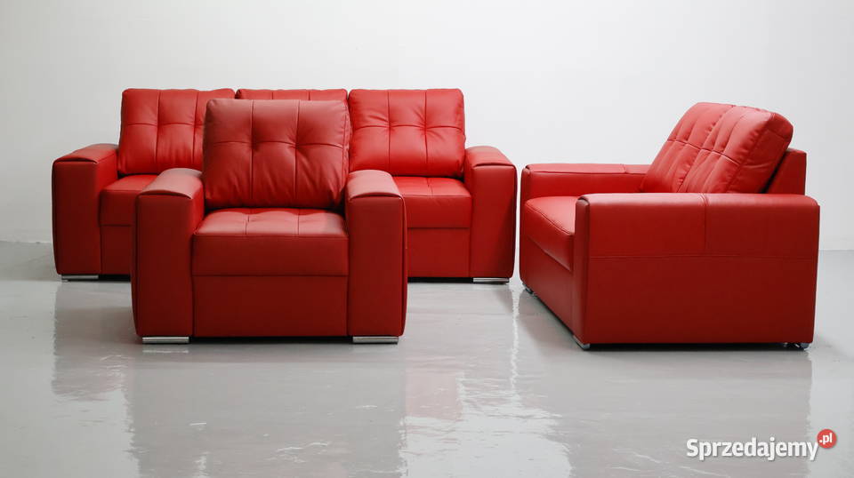 KOMPLET 321 sofy kanapy zestaw czerwona SKÓRA 90cm Sofy i kanapy