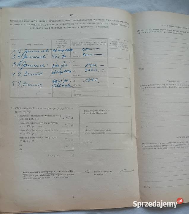 Dokument z PRL wniosek o przydział mieszkania Koźminek