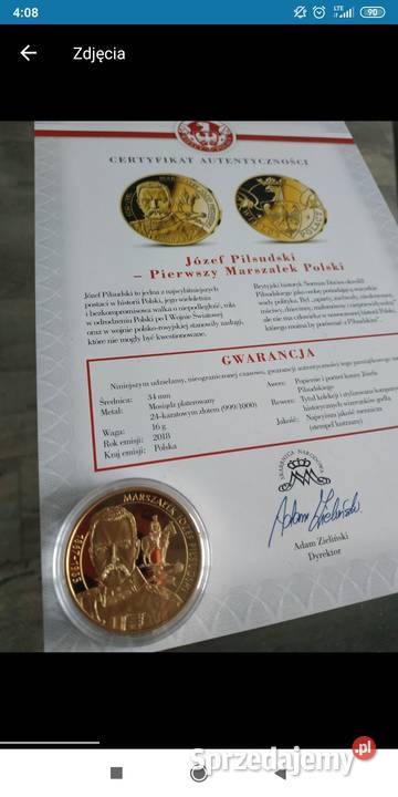 Moneta medal Józef Piłsudski certyfikat Kolekcje Bolesławiec sprzedam