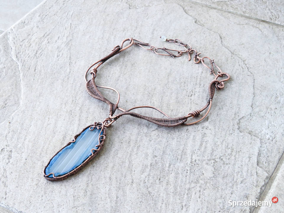 Unikatowa miedziana kolia niebieski agat Kraków