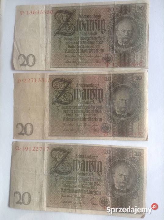 Zestaw 9 banknotów o nominale 20DM z 1929r Opole