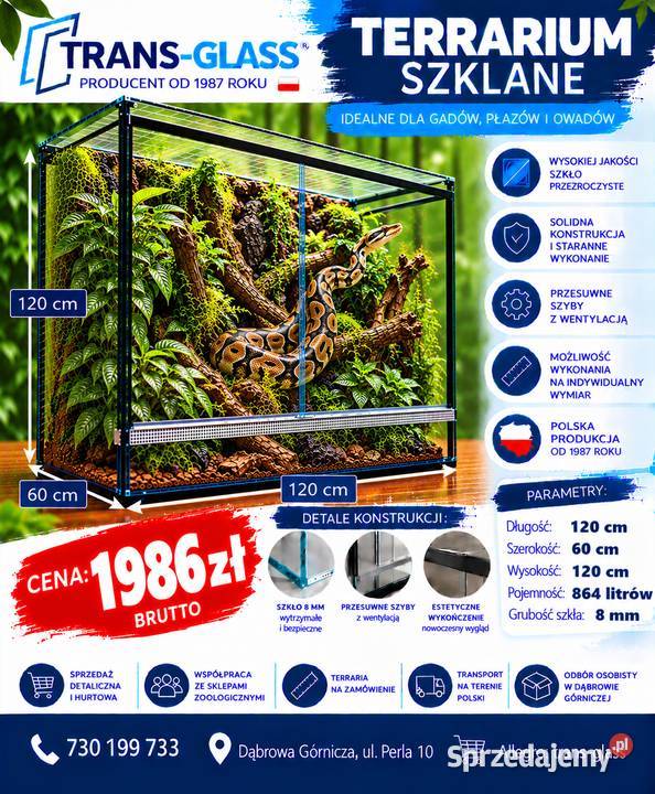 Terrarium szklane 120x60x120 szkło 8 mm Dąbrowa Górnicza