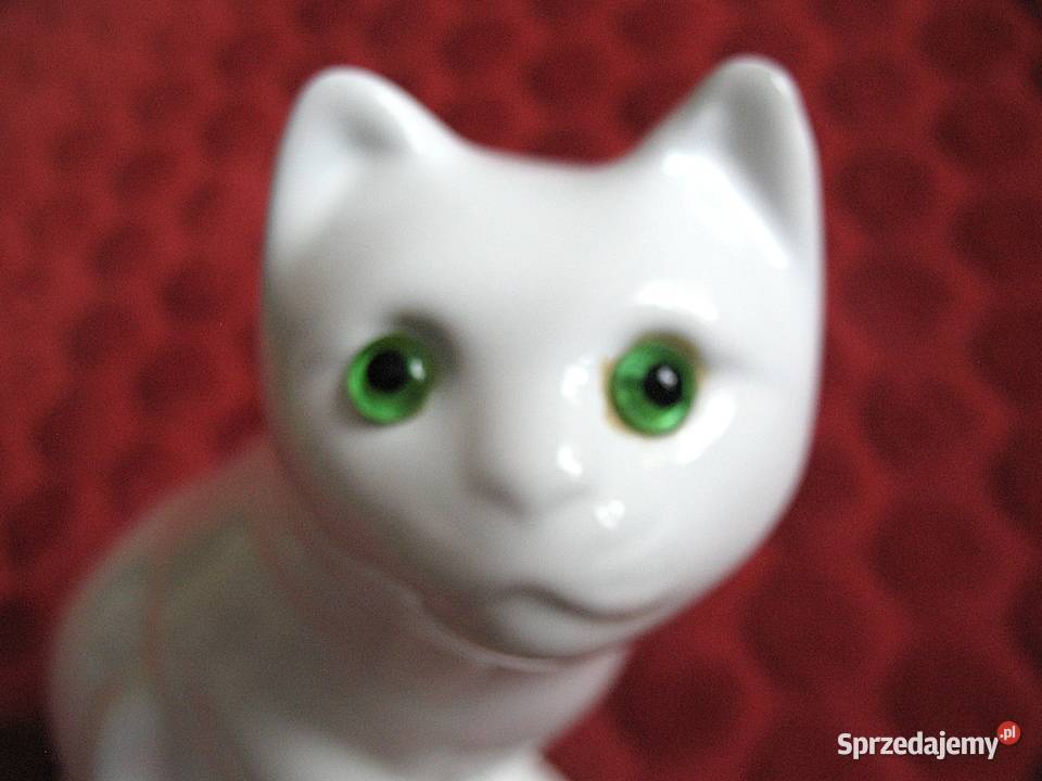 Kot biały duży z zielonymi oczami Porcelana 18 x mazowieckie Siedlce
