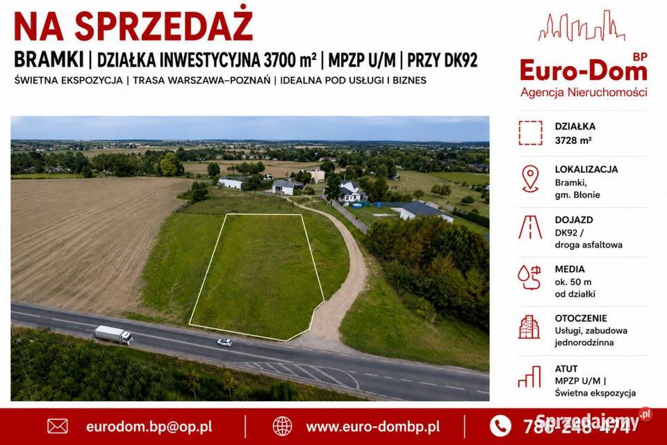 Działka 3700m2 trasie gmina Błonie 295zł/m2 Bramki