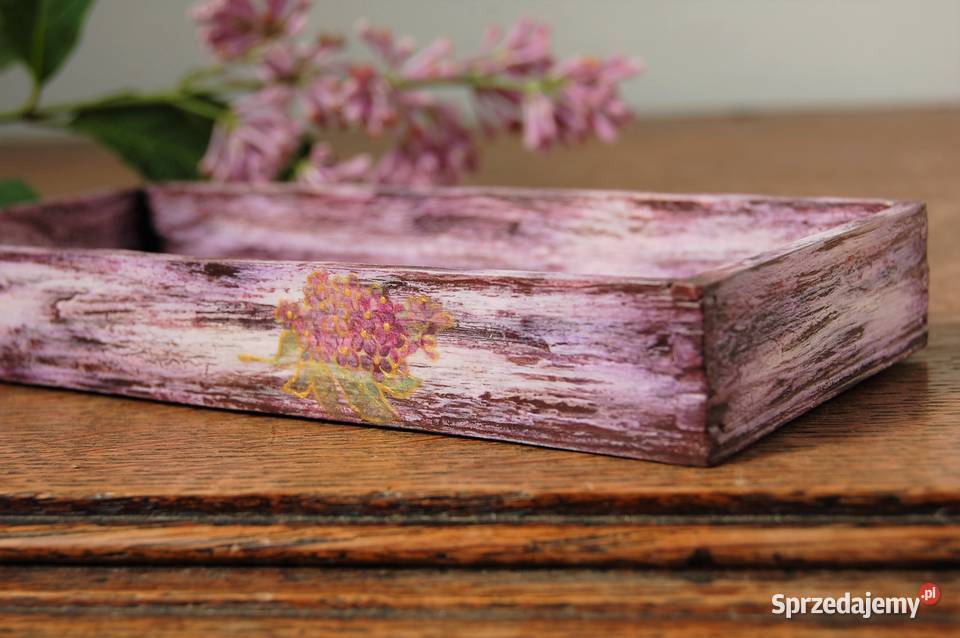 Rustykalna podstawka tacka kwiaty bzy decoupage odcienie fioletowego lubelskie Lublin
