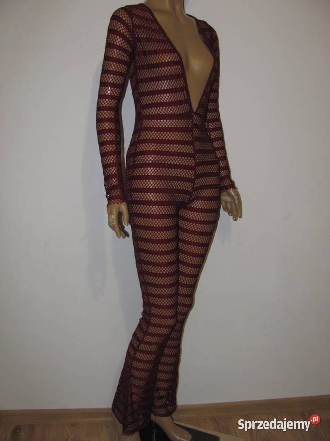 kostium kombinezon sexy siateczka bordowy Bez wzoru