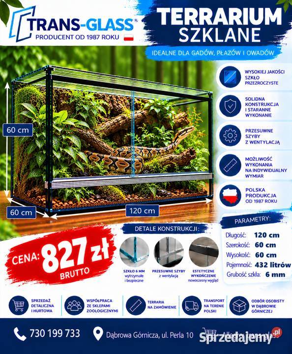 Terrarium szklane 120x60x60 szkło 6 mm producent Dąbrowa Górnicza