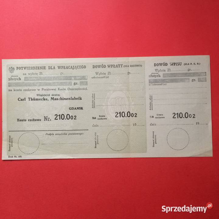 1965 Pocztowy Blankiet Dowodu Wpłaty Gdańsk zachodniopomorskie sprzedam
