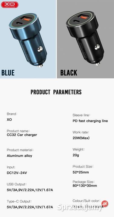 Ładowarka samochodowa 1224V USB typeC QC30 PD XO Siemianowice Śląskie sprzedam
