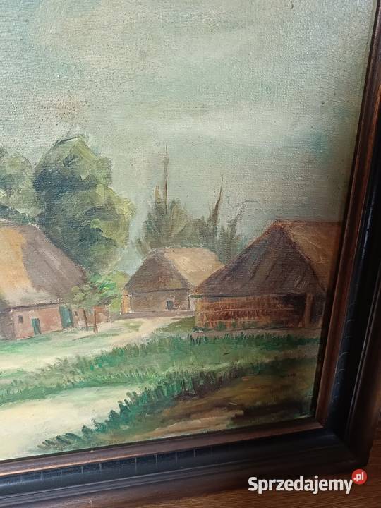 Stary obraz olejny w ramie Stara wiejska osada kujawsko-pomorskie Lipno