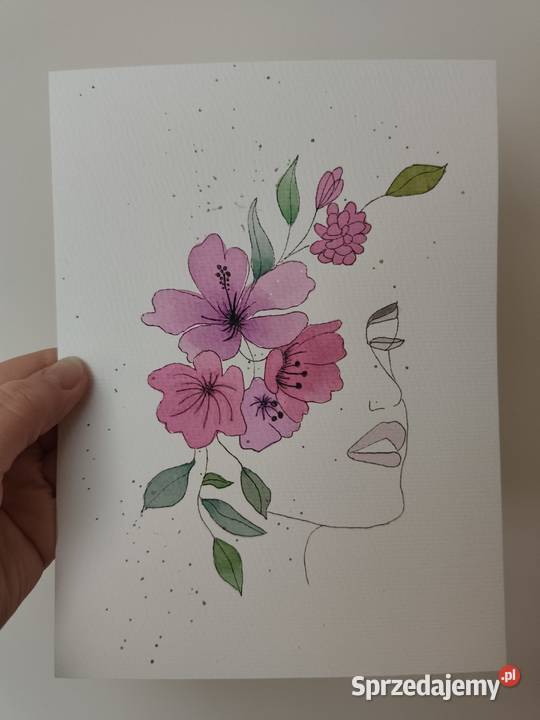 Obraz Akwarela Kobieta w kwiatach Rękodzieło Katowice sprzedam