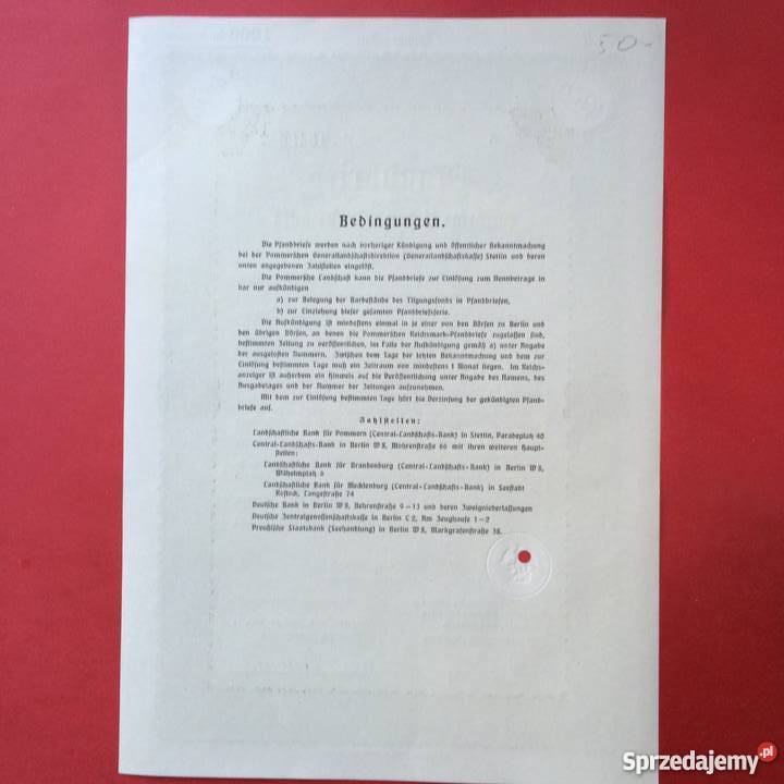 21 Papiery wartościowe 1000 reichsmark zachodniopomorskie Szczecin sprzedam