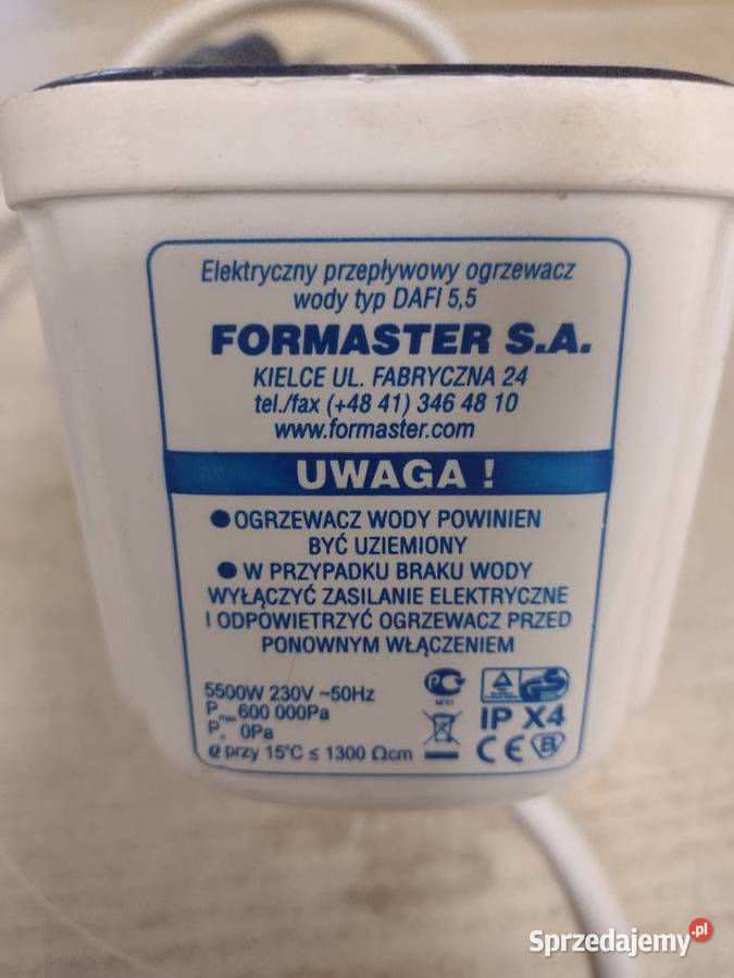 Przepływowy ogrzewacz wody DAFI 55 kW typ DAFI zachodniopomorskie