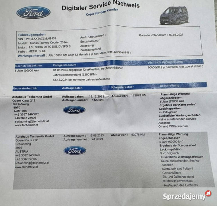 Ford Tourneo Courier Pisemna Gwarancja 12 diesel Konin