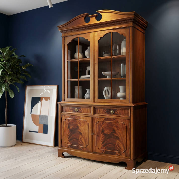 Witryna Angielska MAHONIOWA 180 2 półki szuflady 45cm Kalisz