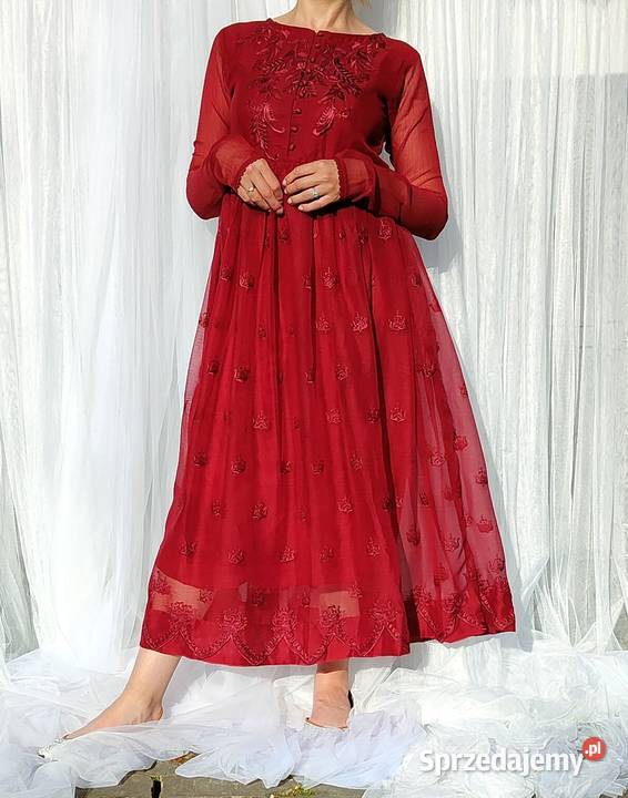 Bordowa sukienka haftowana L 40 szyfon haft Rozmiar 40(L) Szczecin