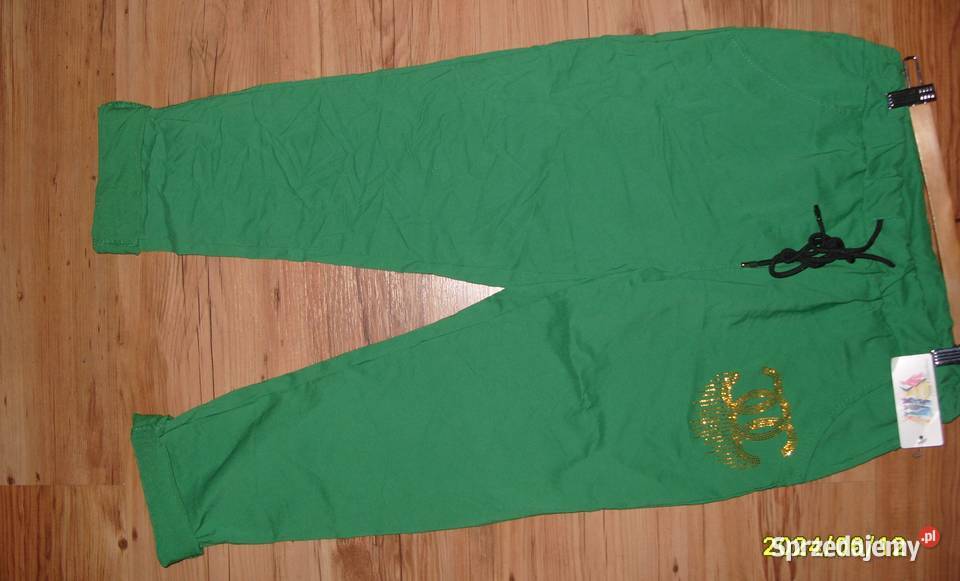 NOWE zielone spodnie gnieciuch złote literki CC Spodnie Rawicz