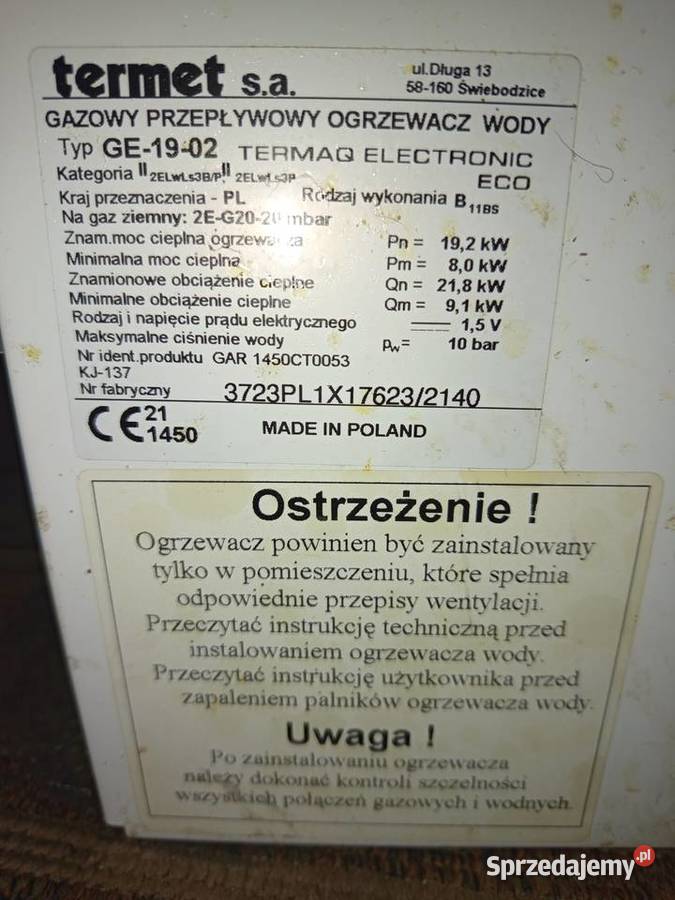 Piecyk gazowy do ogrzewania wody używany jeszcze Frydrychowice