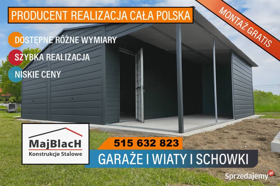 Grafitowy Garaż Blaszany Dwuspadowy Duża Hala Sprzedaż Lipno