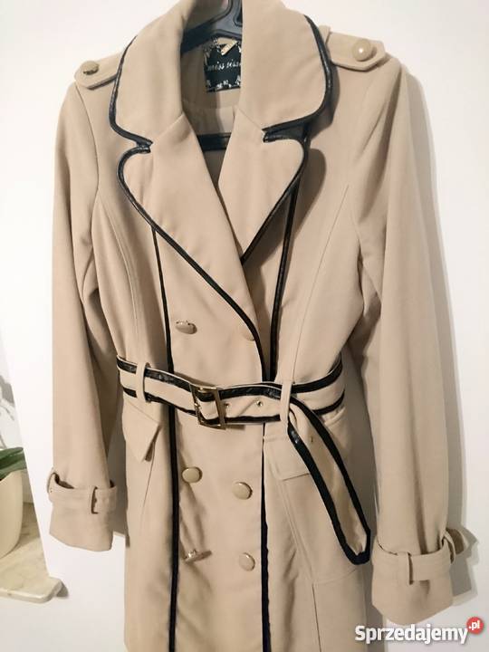 Płaszcz beż lamówki skóra dwurzędowy pagony 38 Gdańsk