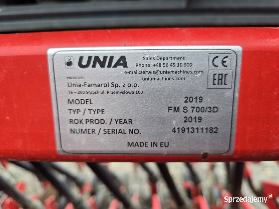 Agregat siewny talerzowy UNIA FM s7003 D 2019 r nieuszkodzony