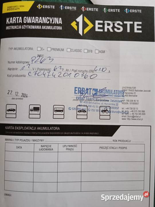 Akumulator ERSTE 12V 63Ah 610Ah Gwarancja Bełchatów