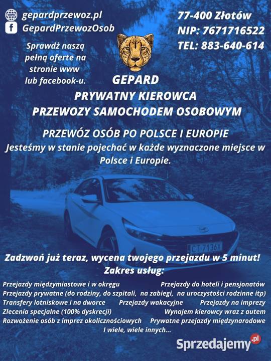 Przewóz osób Samochodem Osobowym Krajowe Człuchów