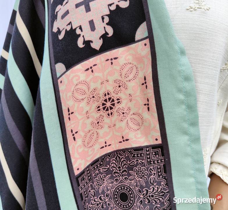Duży szal w pasy orient granatowy miętowy Szczecin