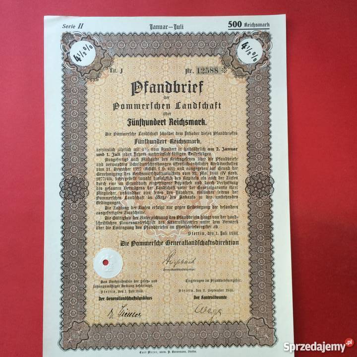 20 Papiery wartościowe 500 reichsmark zachodniopomorskie Szczecin sprzedam