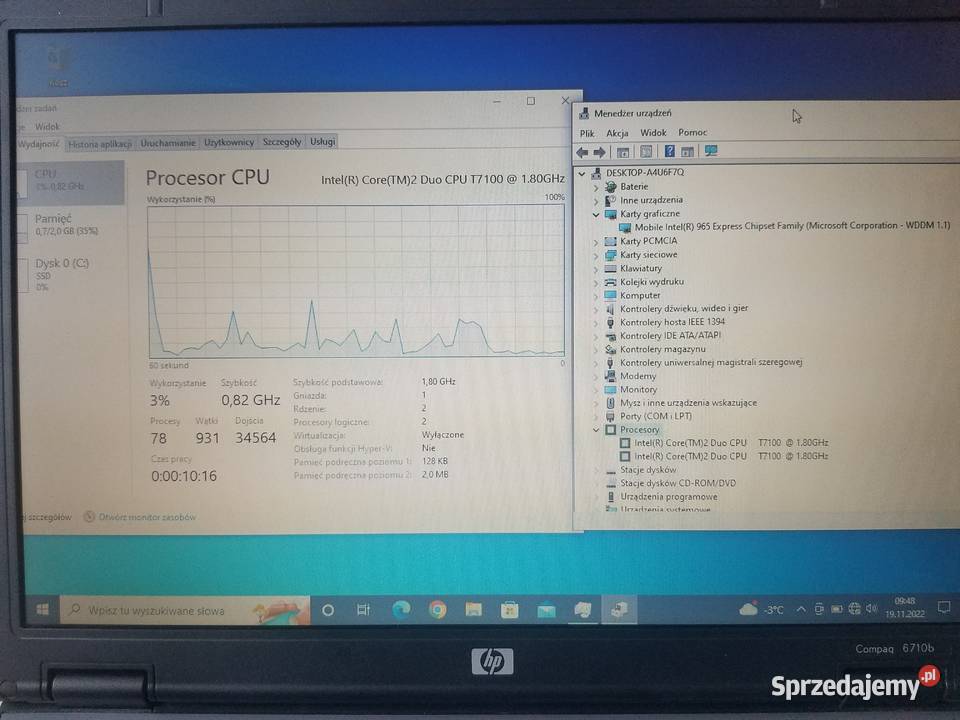 Laptop HP Compaq 6710b 2gb ram intel core 2 duo podkarpackie Rymanów