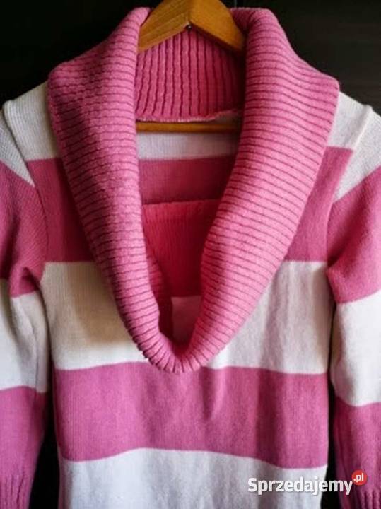 długi sweter różowybiały pasy paski S 36 golf z Swetry i golfy Toruń