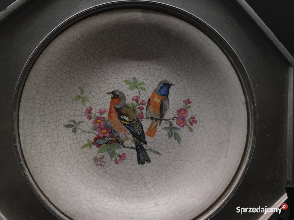 Ceramiczny talerz w oprawie cynowej sprzedam
