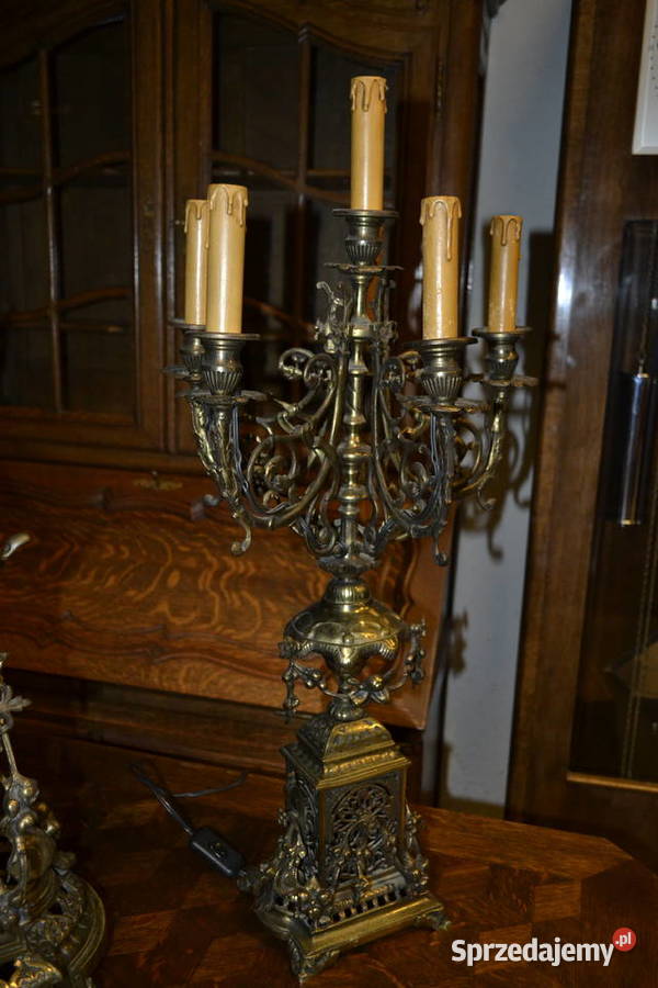 zegar kominkowy z kandelabrami mosiądz