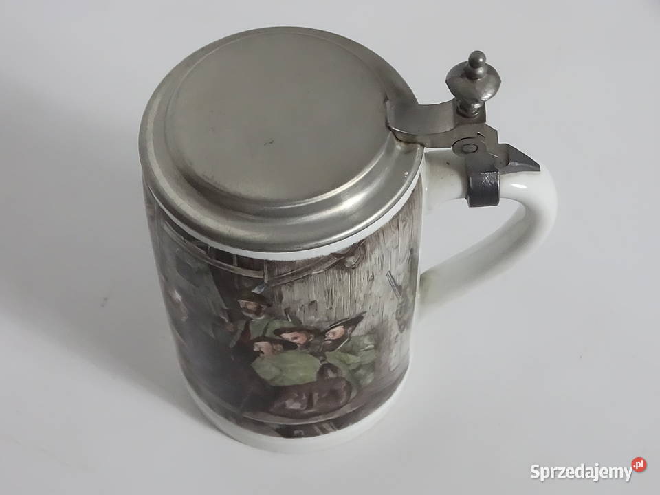 Zabytkowy porcelanowy kufel z cynową pokrywką Szklanki i kufle Biłgoraj
