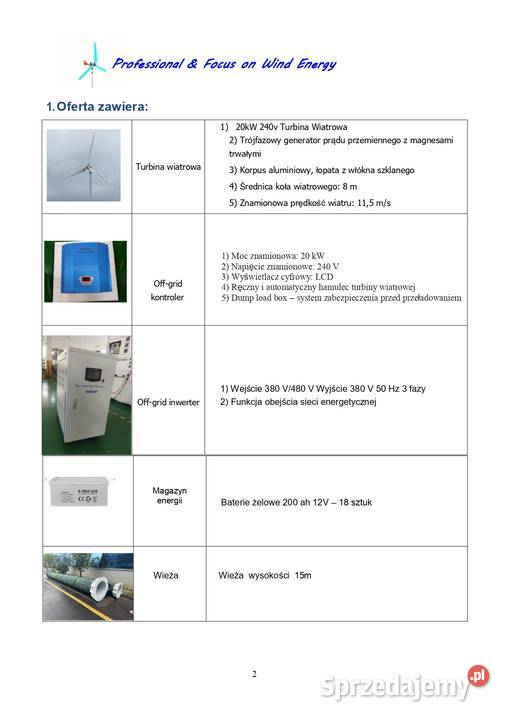 Wiatrak turbina wiatrowa przydomowa pozioma 20kw