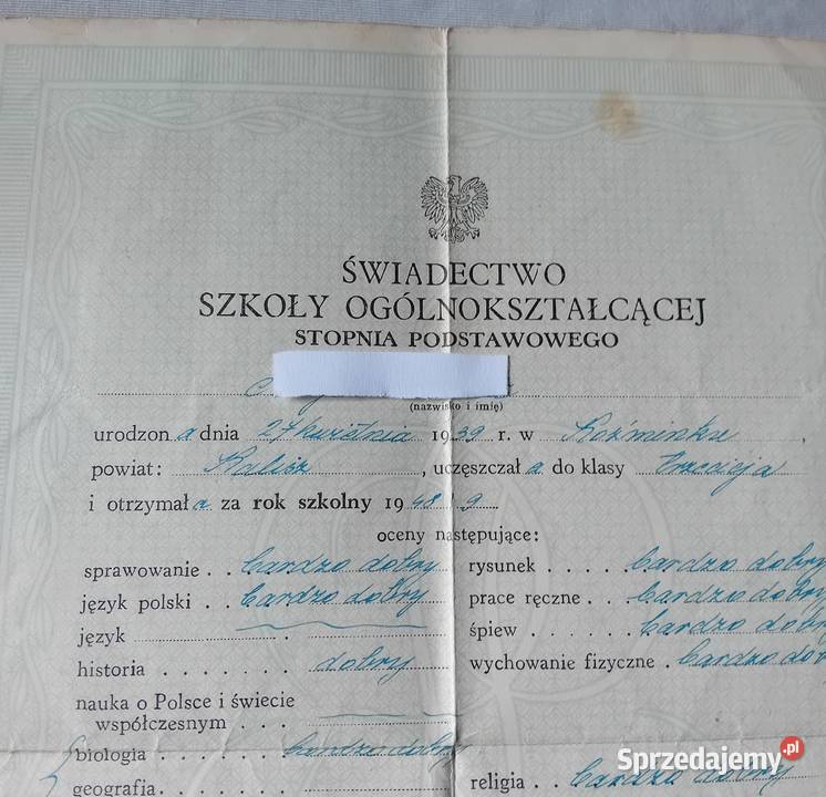 Świadectwo ukończenia klasy 3 szkoły stopnia Koźminek sprzedam