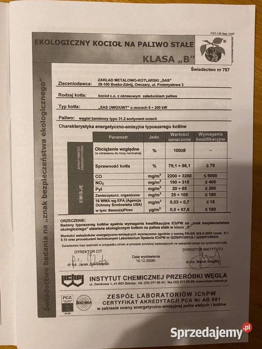 Pieckocioł co na paliwo stałe SAS klasa 3 Lipnica Murowana
