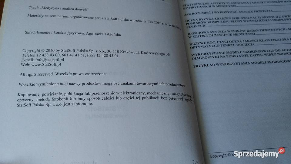 Medycyna i analiza danych StaSoft 2010 ISBN 9788388724503 Gdańsk