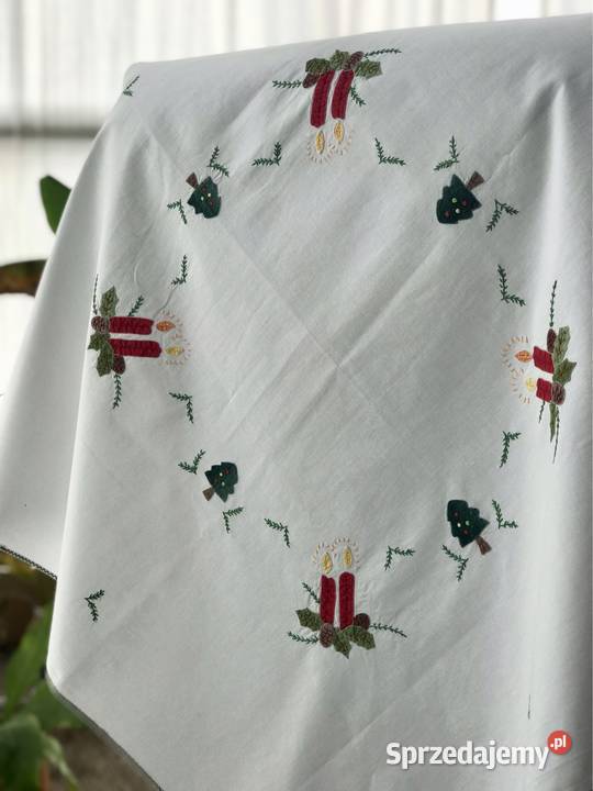 Świąteczny obrus serweta ręcznie wyszywany biały mazowieckie Warszawa sprzedam