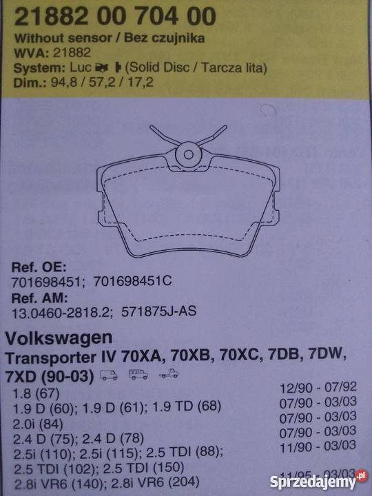 Klocki hamulcowe VW TRANSPORTER tył osobowe Ciechanów sprzedam
