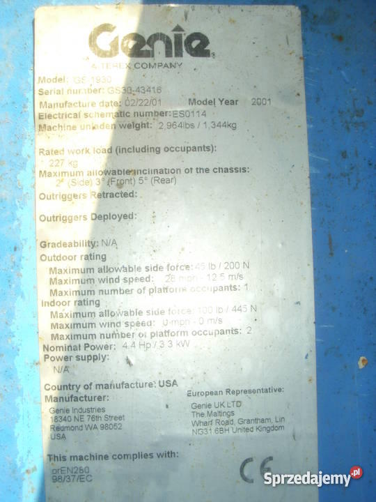 Podnośnik nożycowy Gennie 1930 nieuszkodzony Rzeszów sprzedam