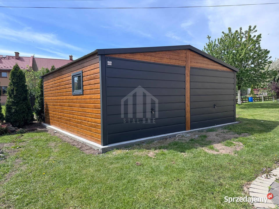 Garaż blaszany 6x6m 2x brama uchylna okno Konin