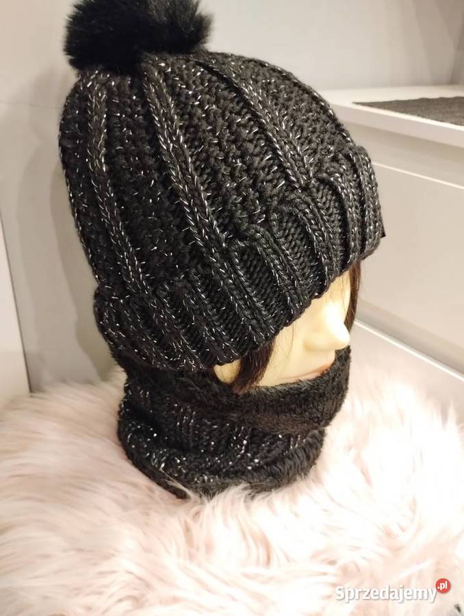 Zestaw czapka z kominem czarna ze srebrną nitką śląskie Hażlach