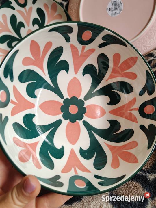 Dwa talerze plus miska ceramiczna jasny róż Legnica