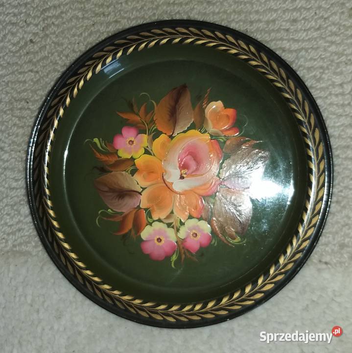 Ozdobny malowany talerz blaszany rękodzieło ZSRR Warszawa