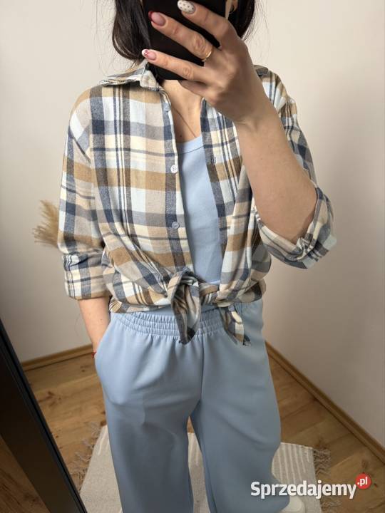 Koszula w kratę oversize beżowoniebieska styl Ostrzeszów